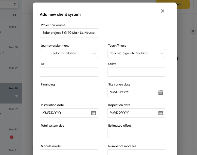 'Add a new project' modal showing project nickname, journey, address, and system details