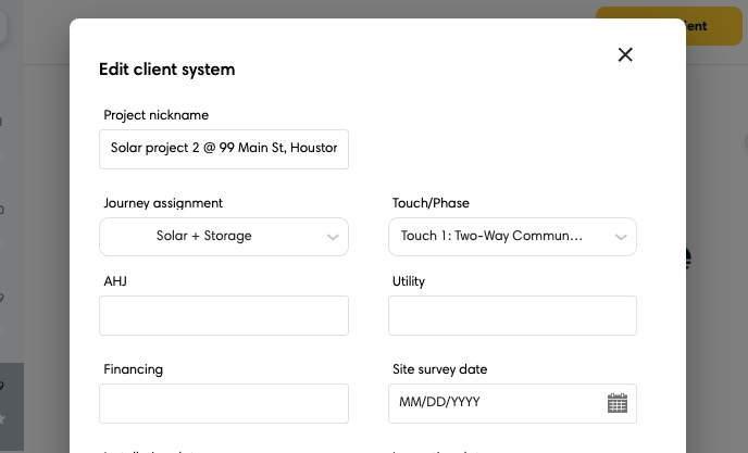 Edit project details modal showing the editable Project Nickname field