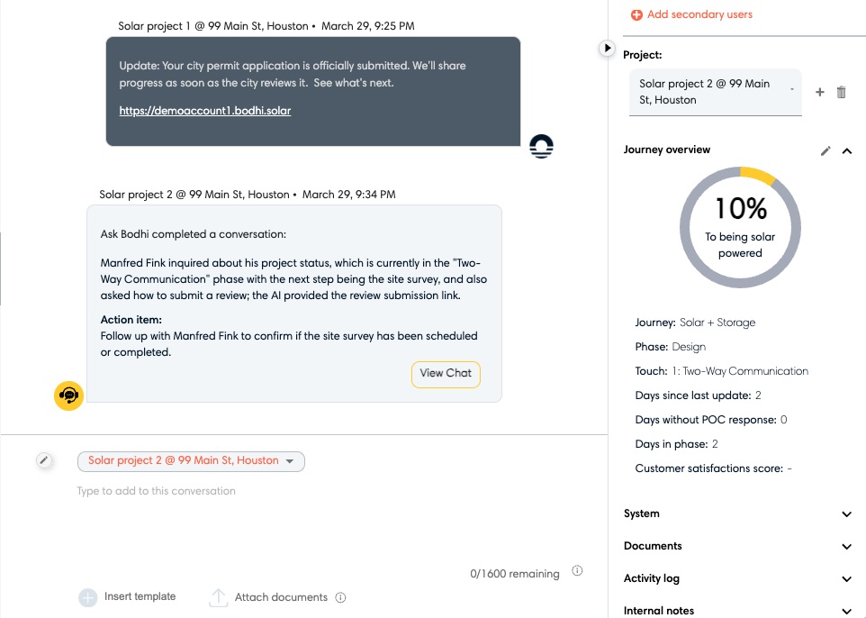 Installer inbox showing project dropdown in the right pane and Project Nickname labels on message bubbles