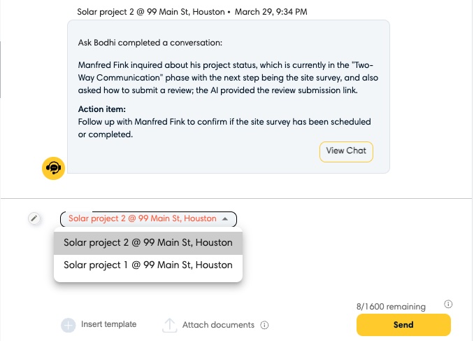 Project selector in the compose area showing the active project before sending a message