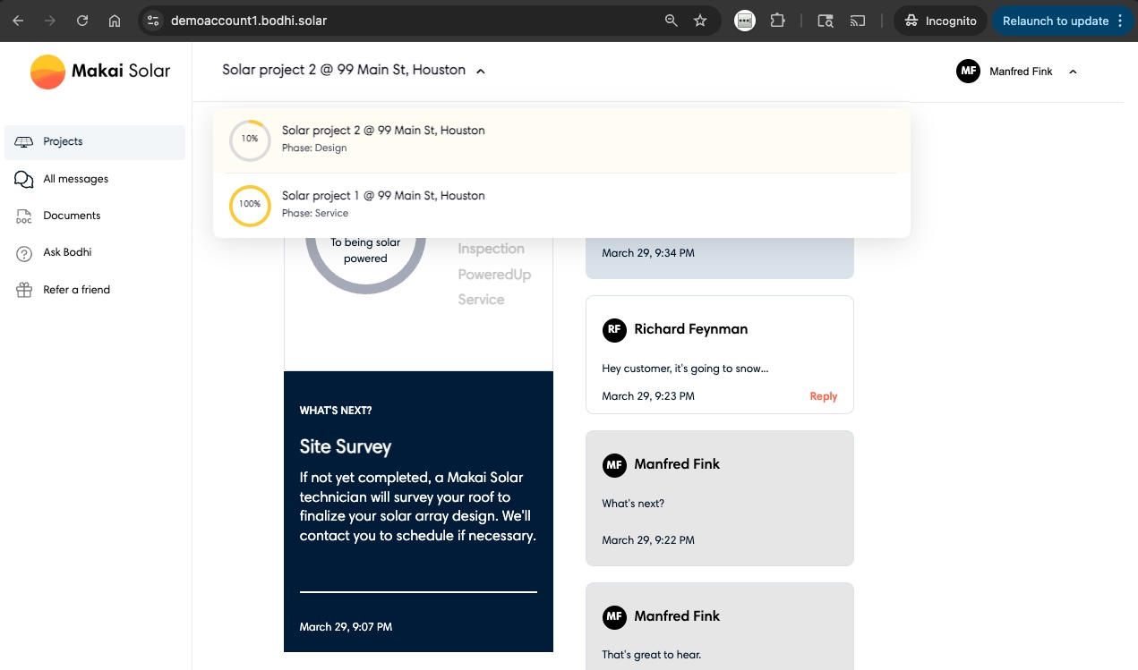 Client portal project selector dropdown open showing multiple projects with progress rings and phases