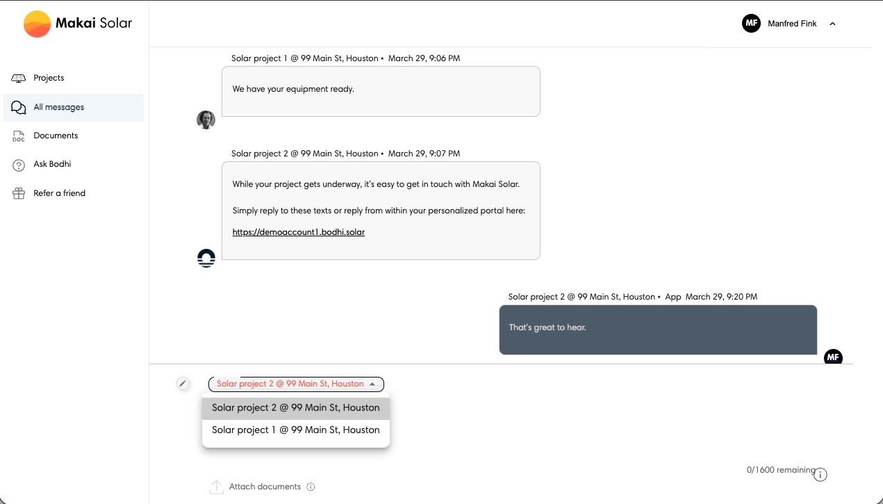 Client portal All Messages page showing messages from multiple projects labeled with Project Nicknames